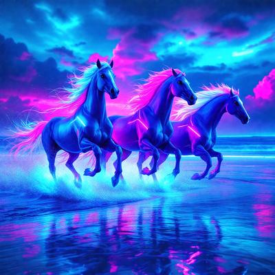 The primary subject of the image is a group of three horses running on a beach. The setting is a beach with a pink and purple sky in the background. The visual style is a digital art or illustration, creating a vibrant and colorful atmosphere. The dominant colors are pink, purple, and blue, which contribute to the overall mood of the scene.